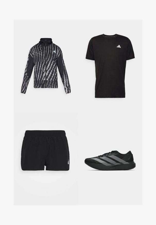 Kevyt musta takki, jossa on geometrinen valkoinen kuvio. Sisältää korkean kauluksen, täyden vetoketjun edessä ja pitkät hihat.; Musta puuvillapaita lyhyillä hihoilla, pyöreä pääntie ja valkoinen logo vasemmassa rinnassa. Sujuva rakenne ja yksinkertainen muotoilu.; Mustat urheilushortsit joustavalla vyötärövarrella. Valmistettu kevyestä kankaasta. Alareunassa valkoinen logo. Yksinkertainen ja käytännöllinen muotoilu.; Mustat urheilukengät, joissa on kevyt muotoilu, kolme näkyvää harmaata raitaa, sileä pinta ja muotoiltu pohja.