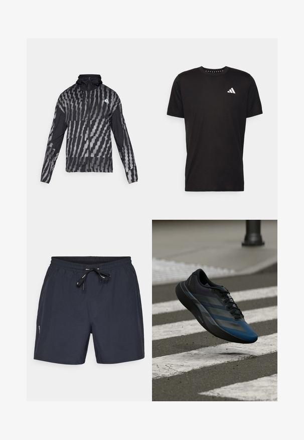 Lightweight black jacket featuring a geometric white pattern. Includes a high collar, full zip front, and long sleeves.; Black cotton t-shirt with short sleeves, crew neckline, and a white logo on the left chest. Smooth texture and simple design.; Dark blue swim shorts with elastic waistband and drawstring. Made of lightweight material, featuring side pockets and a simple design.; Black and blue athletic shoe with a streamlined design, featuring a textured upper, contrasting stripes, and a cushioned sole, hovering over pavement.