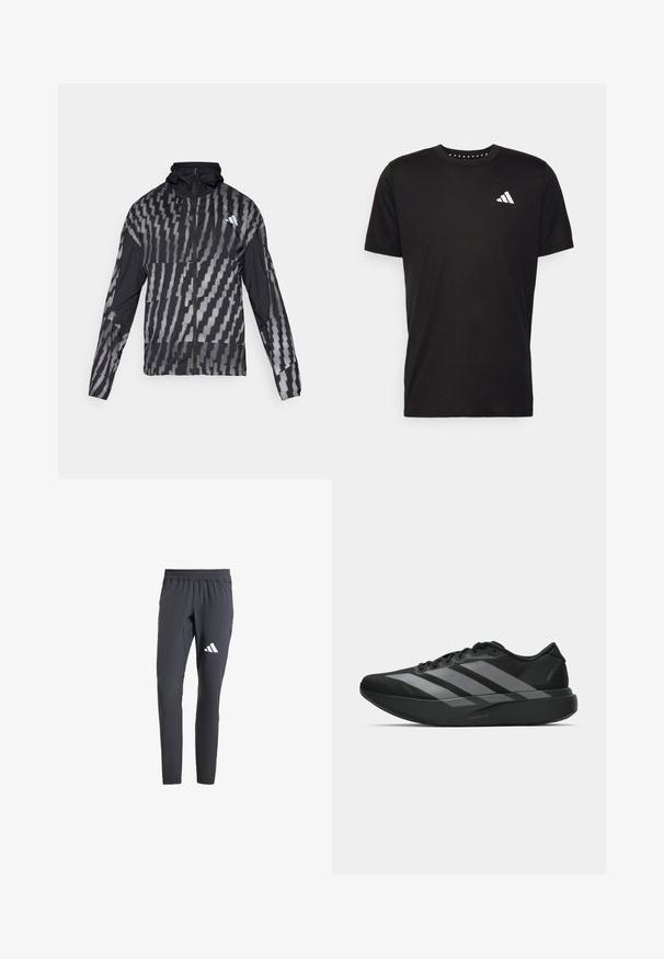 Jachetă neagră ușoară cu un model geometric alb. Include un guler înalt, fermoar pe toată lungimea din față și mâneci lungi.; Tricou negru din bumbac, cu mâneci scurte, de tip crew neckline, cu un logo alb pe pieptul stâng. Textură netedă și design simplu.; Pantaloni atletici gri cu o croială slim, talie elastică și logo în trei dungi albe pe coapsa stângă. Fabricat din material ușor.; Pantofi sport negri cu un design ușor, prezentând trei dungi gri proeminente, o textură netedă și o talpă conturată.