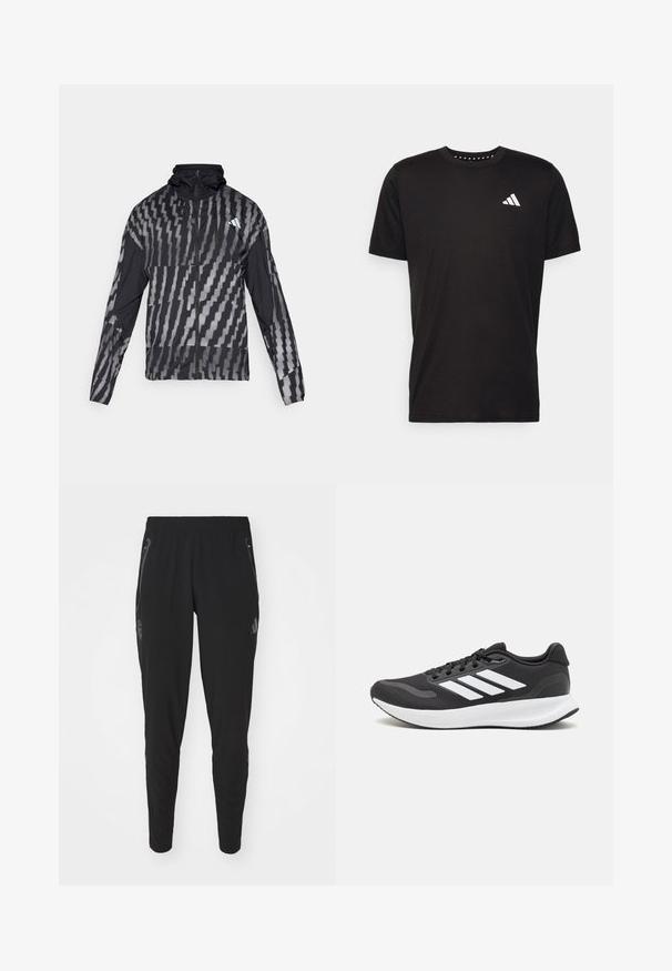 Lengvas juodas švarkas su geometriniu baltu raštu. Su aukšta apykakle, pilnu užtrauktuku ir ilgomis rankovėmis.; Juodas medvilnės marškinėliai trumpomis rankovėmis, su apvalia iškirpte ir balta logo kairiajame krūtinės šone. Lygus tekstūra ir paprastas dizainas.; Juodos sportinės kelnės su siauru siluetu. Savybės: elastinė juosta, šoninės užtrauktukinės kišenės ir logotipas kairiajame šlaunyje. Lygus paviršius.; Juodas sportinis batelis su orui pralaidžia mėgintuvėliu, baltomis akcentais ir paminkštintu padu. Šone yra trijų juostų logotipas.