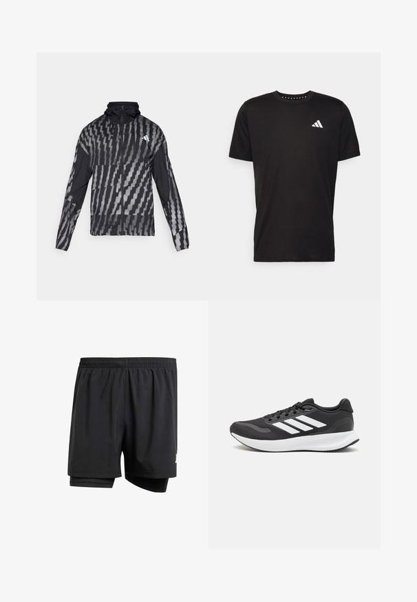 Lätt svart jacka med ett geometriskt vitt mönster. Har hög krage, full dragkedja framtill och långa ärmar.; Svart bomullströja med korta ärmar, rundad halsringning och en vit logotyp på vänster bröst. Slät textur och enkelt design.; Svarta idrottsshorts med elastisk midja, innertyg och en liten logodetalj på sidan. Lättviktsmaterial och en lös passform.; Svart atletisk sko med andningsbar mesh-överdel, vita detaljer och en dämpad sula. Har tre ränder logo på sidan.