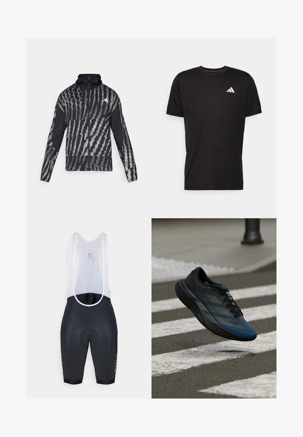 Kerge must jakk, millel on geomeetriline valge muster. Sisaldab kõrget kaelust, täispikkuse visiiri ning pikki varrukaid.; Must must ka t-särk lühikeste varrukatega, ümmarguse kaelusega ja valge logoga vasakul rinnal. Sile tekstuur ja lihtne disain.; Mustad mustad rattad valgete võrkkandmetega, pehmendatud istmeosa ja logo detailiga reiel. Sile materjal ja sobiv disain.; Must ja sinine spordijalats voolava disainiga, millel on tekstureeritud üliskihiga, kontrastsed triibud ja pehme tallaga, hõljumas asfaldipinna kohal.