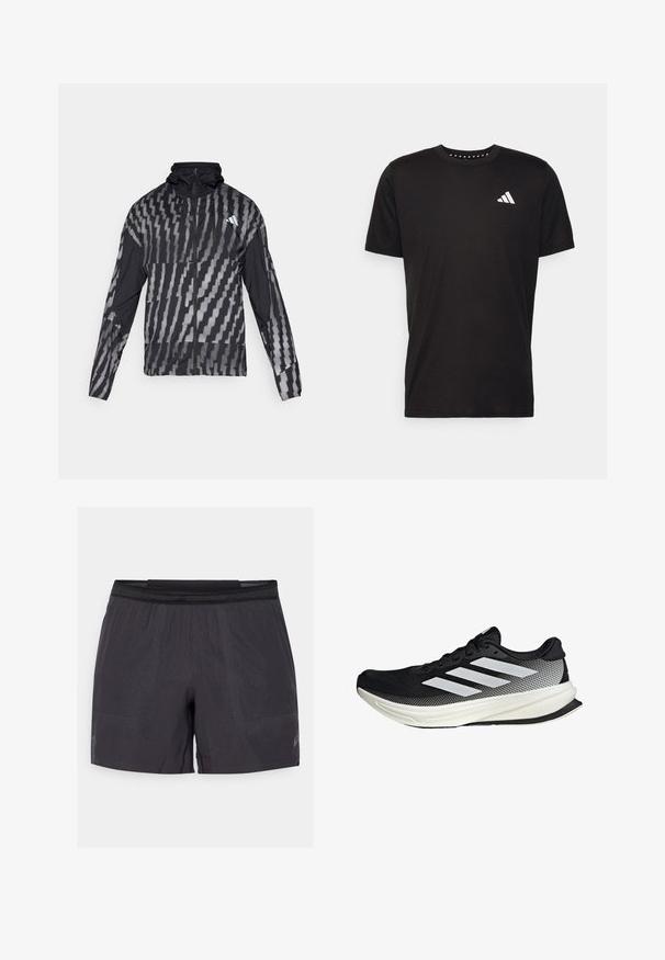 Lightweight black jacket featuring a geometric white pattern. Includes a high collar, full zip front, and long sleeves.; Black cotton t-shirt with short sleeves, crew neckline, and a white logo on the left chest. Smooth texture and simple design.; Black athletic shorts featuring a lightweight, breathable fabric, patterned texture, elastic waistband, and reflective logo detail.; Black athletic shoe with a mesh design, featuring white stripes, a rounded toe, and a textured sole for grip and support.