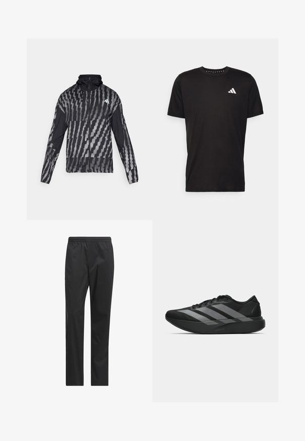 Ľahká čierna bunda s geometrickým bielym vzorom. Obsahuje vysoký golier, plný zips na prednej strane a dlhé rukávy.; Čierne bavlnené tričko s krátkymi rukávmi, klasickým výstrihom a bielym logom na ľavej strane hrude. Hladká textúra a jednoduchý dizajn.; Čierne nepremokavé nohavice so rovnými nohavicami, elastickým pásom a hladkou, ľahkou textúrou. Žiadne viditeľné vrecká ani akcenty.; Čierne športové topánky s ľahkým dizajnom, obsahujúce tri výrazné šedé pruhy, hladkú textúru a kontúrovanú podrážku.