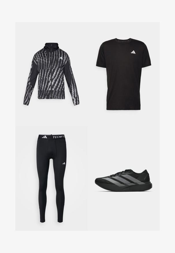 Leichte schwarze Jacke mit einem geometrischen weißen Muster. Enthält einen hohen Kragen, einen durchgehenden Reißverschluss und lange Ärmel.; Schwarzes Baumwoll-T-Shirt mit kurzen Ärmeln, Rundhalsausschnitt und einem weißen Logo auf der linken Brust. Glatte Textur und einfaches Design.; Schwarze Sportleggins, enganliegendes Design, aus glattem, dehnbarem Material gefertigt. Mit einem Bund, der mit "TECHFIT" und weißen Logo-Akzenten versehen ist.; Schwarze Sportschuhe mit einem leichten Design, ausgestattet mit drei auffälligen grauen Streifen, einer glatten Textur und einer konturierten Sohle.
