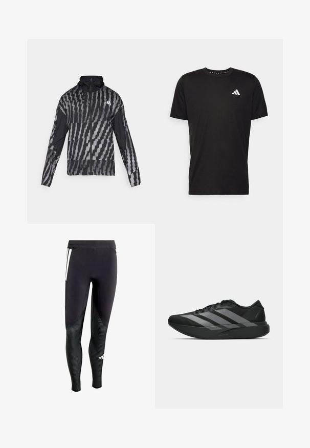 Kevyt musta takki, jossa on geometrinen valkoinen kuvio. Sisältää korkean kauluksen, täyden vetoketjun edessä ja pitkät hihat.; Musta puuvillapaita lyhyillä hihoilla, pyöreä pääntie ja valkoinen logo vasemmassa rinnassa. Sujuva rakenne ja yksinkertainen muotoilu.; Musta urheilullinen legginssi, jossa on teksturoitu alaosa, jossa on pieniä valkoisia pilkkuja. Mukana sivutasku ja kontrastivärinen paneelisuunnittelu.; Mustat urheilukengät, joissa on kevyt muotoilu, kolme näkyvää harmaata raitaa, sileä pinta ja muotoiltu pohja.