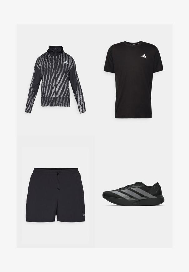 Lätt svart jacka med ett geometriskt vitt mönster. Har hög krage, full dragkedja framtill och långa ärmar.; Svart bomullströja med korta ärmar, rundad halsringning och en vit logotyp på vänster bröst. Slät textur och enkelt design.; Svarta atletiska shorts gjorda av lättviktig tyg. Har en elastisk midja med snörning, sidofickor och en liten logotypaccent.; Svarta träningsskor med en lätt design, som har tre framträdande grå ränder, en slät yta och en formad sula.