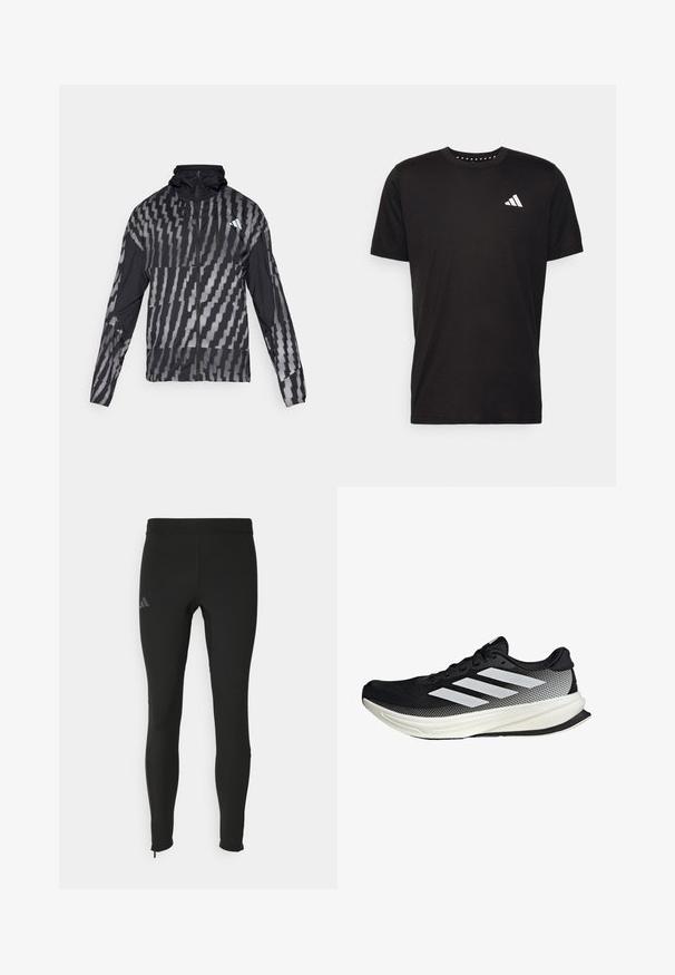 Lehká černá bunda s geometrickým bílým vzorem. Obsahuje vysoký límec, celoplošný zip a dlouhé rukávy.; Černé bavlněné tričko s krátkým rukávem, kulatým výstřihem a bílým logem na levé hrudi. Hladká textura a jednoduchý design.; Černé sportovní legíny s přiléhavým střihem, vyrobené z elastického materiálu. Mají diskrétní logo a zipy na kotnících pro snadné oblékání.; Černá sportovní boty s síťovaným designem, s bílými pruhy, zaoblenou špičkou a texturovanou podrážkou pro lepší přilnavost a oporu.