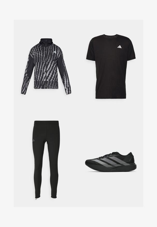 Lightweight black jacket featuring a geometric white pattern. Includes a high collar, full zip front, and long sleeves.; Black cotton t-shirt with short sleeves, crew neckline, and a white logo on the left chest. Smooth texture and simple design.; Black athletic leggings with a fitted design, made from stretchy material. Features a discreet logo and ankle zippers for ease of wear.; Black athletic shoes with a lightweight design, featuring three prominent gray stripes, a smooth texture, and a contoured sole.