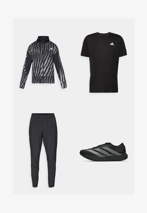 Lightweight black jacket featuring a geometric white pattern. Includes a high collar, full zip front, and long sleeves.; Black cotton t-shirt with short sleeves, crew neckline, and a white logo on the left chest. Smooth texture and simple design.; Black athletic pants made of lightweight material with an elastic waistband, tapered legs, and side pockets with zippers.; Black athletic shoes with a lightweight design, featuring three prominent gray stripes, a smooth texture, and a contoured sole.