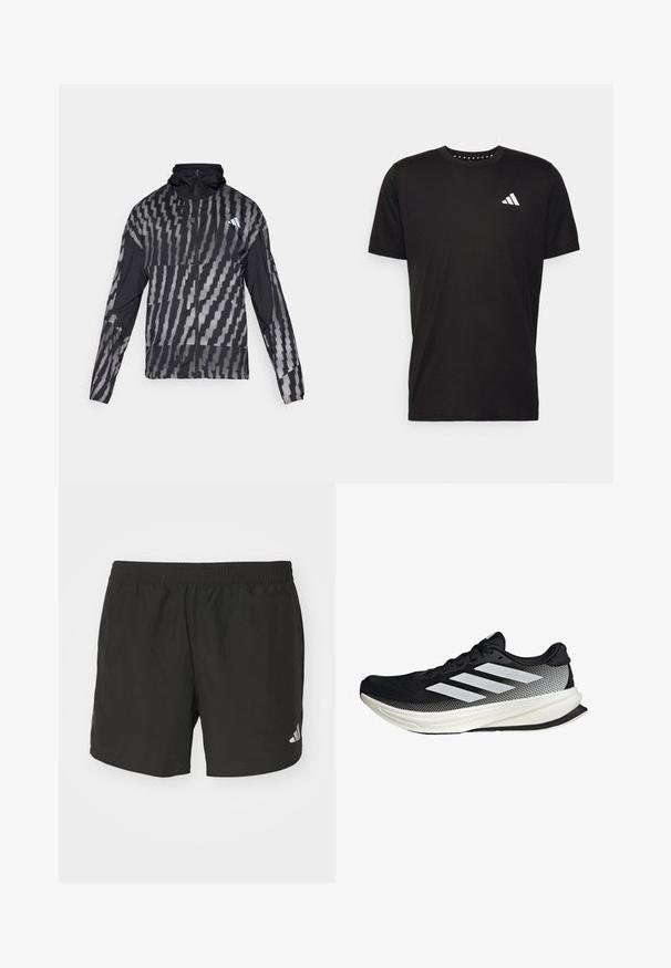 Lagani crni jakna s geometrijskim bijelim uzorkom. Ima visoki ovratnik, puni zip sprijeda i dugačke rukave.; Crna pamučna majica s kratkim rukavima, okruglim izrezom i bijelim logotipom na lijevoj strani prsnog koša. Glatka tekstura i jednostavan dizajn.; Crne atletske kratke hlače s elastičnim pojasom, bočnim prorezima i reflektirajućim logotipovima. Izrađene od lagane, glatke tkanine.; Crna atletska cipela s mrežastim dizajnom, koja ima bijele pruge, zaobljeni vrh i teksturiranu potplate za prianjanje i potporu.