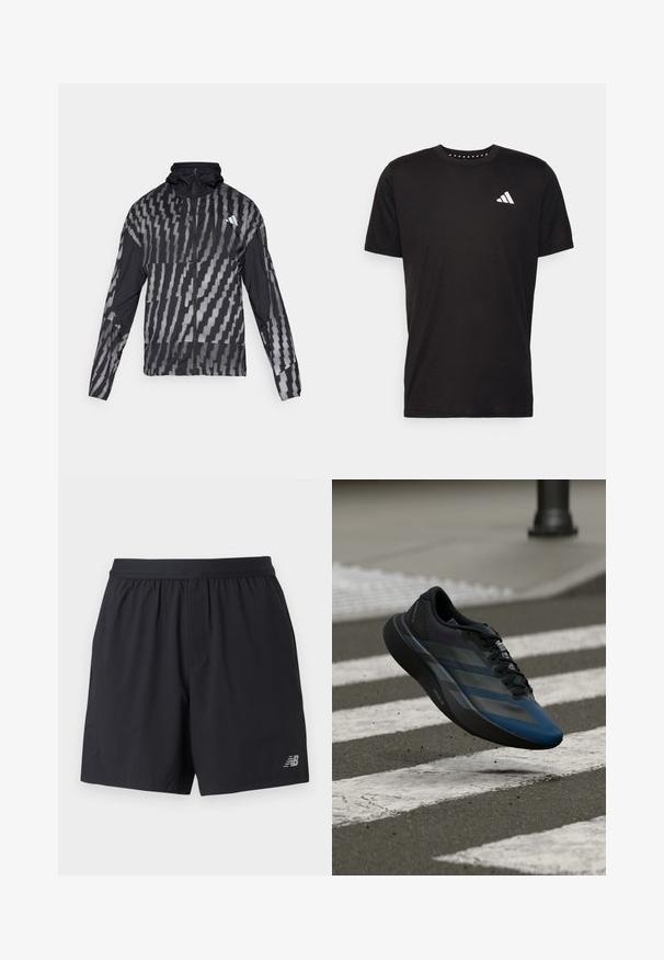 Leichte schwarze Jacke mit einem geometrischen weißen Muster. Enthält einen hohen Kragen, einen durchgehenden Reißverschluss und lange Ärmel.; Schwarzes Baumwoll-T-Shirt mit kurzen Ärmeln, Rundhalsausschnitt und einem weißen Logo auf der linken Brust. Glatte Textur und einfaches Design.; Schwarze Sportshorts aus leichtem Material mit elastischem Bund, Seitentaschen und einem reflektierenden Logo auf der unteren rechten Seite.; Schwarz-blauer Sportschuh mit stromlinienförmigem Design, ausgestattet mit einer strukturierten Oberseite, kontrastierenden Streifen und einer gepolsterten Sohle, schwebt über dem Pflaster.