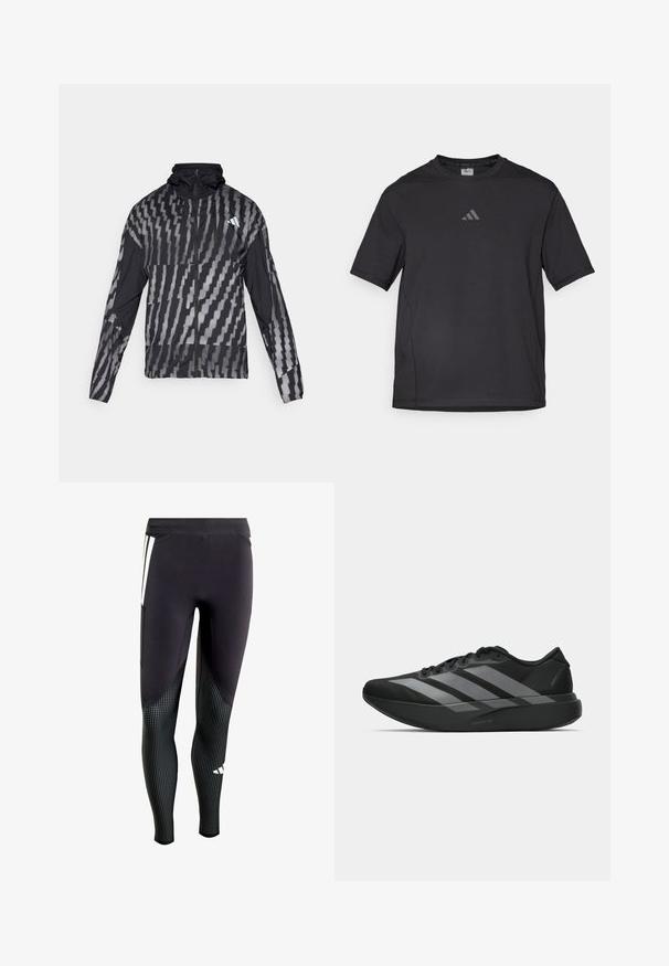 Lengvas juodas švarkas su geometriniu baltu raštu. Su aukšta apykakle, pilnu užtrauktuku ir ilgomis rankovėmis.; Juodas sportinis marškinėlis pagamintas iš kvėpuojančios medžiagos, su trumpomis rankovėmis, apvaliu kaklu ir atspindinčiu logotipu ant krūtinės.; Juodos sportinės legginsai su tekstūruota apatine dalimi, pateiktomis mažomis baltomis taškeliais. Su šonine kišenėle ir kontrastingo dizaino panelėmis.; Juodos sportinės avalynės, lengvos konstrukcijos, su trimis aiškiomis pilkomis juostomis, lygiu paviršiumi ir kontūrine padu.