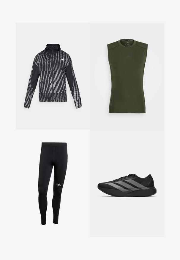 Lightweight black jacket featuring a geometric white pattern. Includes a high collar, full zip front, and long sleeves.; adidas Performance TEE - Top - night cargo; Black athletic leggings with a smooth texture, featuring reflective accents and a fitted design. Made of stretchy, moisture-wicking material.; Black athletic shoes with a lightweight design, featuring three prominent gray stripes, a smooth texture, and a contoured sole.