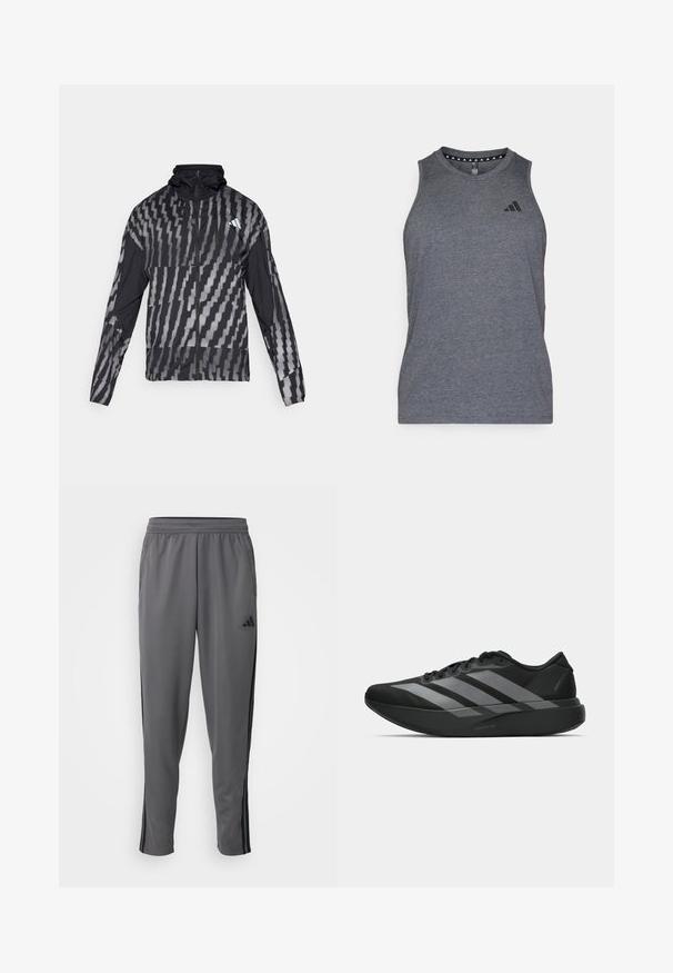 Lightweight black jacket featuring a geometric white pattern. Includes a high collar, full zip front, and long sleeves.; Gray athletic tank top made from a lightweight fabric, featuring a round neckline and black brand logo on the left chest area.; adidas Performance TRAIN ESSENTIALS 3-STRIPES - Tracksuit bottoms - grey five/black; Black athletic shoes with a lightweight design, featuring three prominent gray stripes, a smooth texture, and a contoured sole.