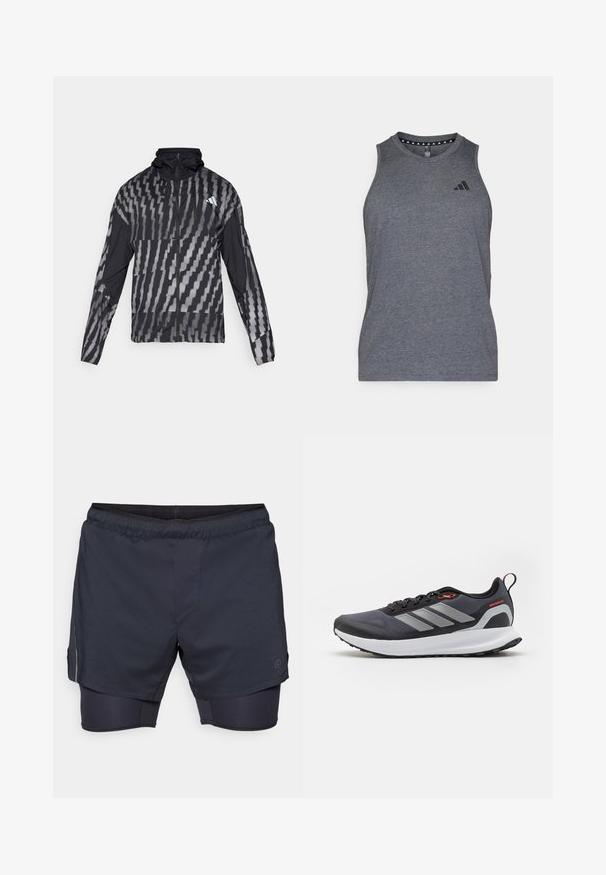 Lightweight black jacket featuring a geometric white pattern. Includes a high collar, full zip front, and long sleeves.; Gray athletic tank top made from a lightweight fabric, featuring a round neckline and black brand logo on the left chest area.; Men's athletic shorts in dark navy with an elastic waistband, layered design, and inner compression shorts. Features a side pocket and logo.; Running shoes in black with gray accents. Features a textured upper, sturdy sole, and reflective stripes. Lightweight design with a cushioned midsole.