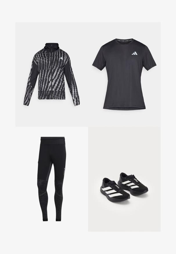 Lightweight black jacket featuring a geometric white pattern. Includes a high collar, full zip front, and long sleeves.; Black athletic t-shirt, short sleeves, round neckline, made from lightweight fabric. Features a reflective Adidas logo on the front.; Black athletic leggings with a smooth texture, featuring a patterned lower leg, a wide waistband, and reflective branding on the side.; Pair of black Adidas Adizero running shoes with white stripes and laces on white background, positioned side by side.