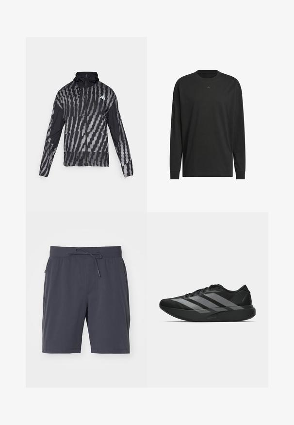 Kevyt musta takki, jossa on geometrinen valkoinen kuvio. Sisältää korkean kauluksen, täyden vetoketjun edessä ja pitkät hihat.; Musta pitkähihaisen t-paito, joka on valmistettu pehmeästä puuvillasta. Sen ominaisuuksiin kuuluu pyöreä kaula-aukko, rento istuvuus ja pieni logopainatus rinnassa.; Tummanharmaat shortsit, joissa on joustava vyötärö ja naru. Sileä kangas, kaksi sivutaskua ja polvitason malli. Ei näkyviä kuvioita.; Mustat urheilukengät, joissa on kevyt muotoilu, kolme näkyvää harmaata raitaa, sileä pinta ja muotoiltu pohja.