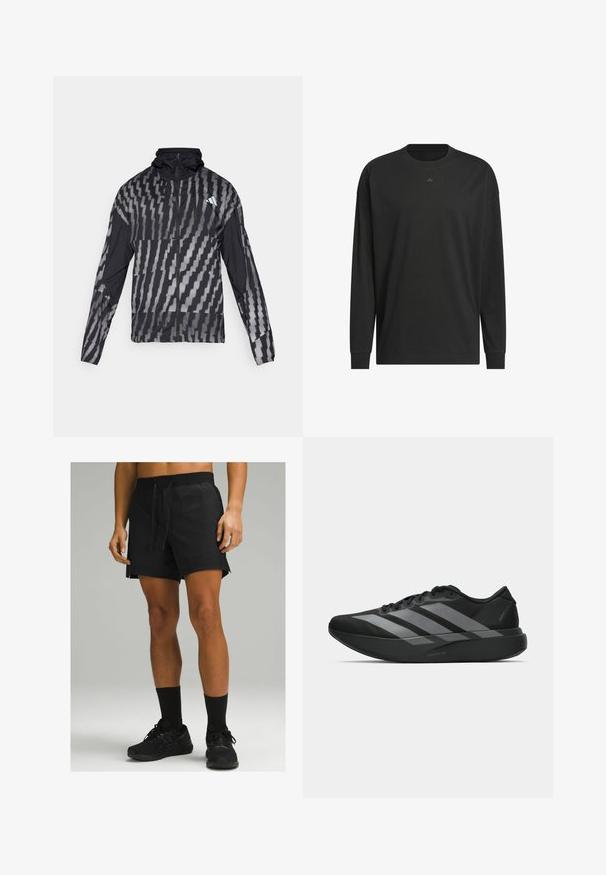 Lekka czarna kurtka z geometrycznym białym wzorem. Posiada wysoki kołnierz, pełny zamek z przodu i długie rękawy.; Czarny longsleeve wykonany z miękkiej bawełny, z okrągłym dekoltem, luźnym krojem i małym logo na piersi.; Czarne sportowe szorty z elastycznym pasem i sznurkiem, z bocznymi rozcięciami i gładką fakturą, w połączeniu z czarnymi skarpetkami i butami.; Czarne buty sportowe o lekkiej konstrukcji, z trzema wyraźnymi szarymi paskami, gładką fakturą i wyprofilowaną podeszwą.