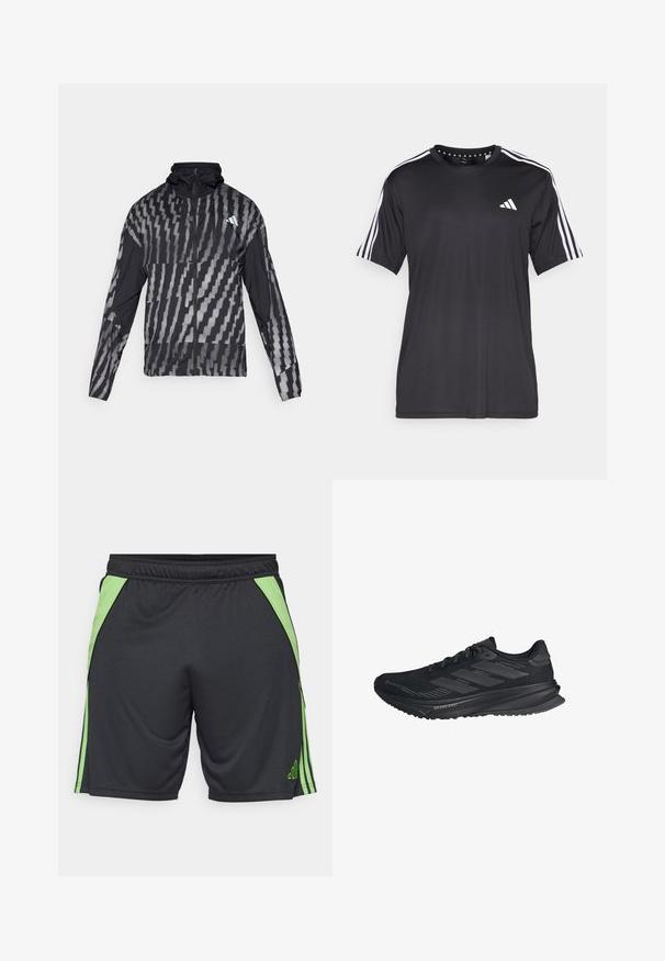 Viegls melns jaka ar ģeometrisku baltu rakstu. Iekļauj augstu apkakli, pilnu rāvējslēdzēju priekšpusi un garas piedurknes.; Melna īsām piedurknēm t-krekls ar baltu trīs svītru dizainu uz pleciem un logotipu uz krūškurvja. Izgatavots no elpojoša auduma, gluda tekstūra.; Melni sporta šorti ar zaļām sānu akcentiem un svītrām. Izgatavoti no viegla materiāla, ar elastīgu jostu komfortam.; Melni Adidas skriešanas apavi ar Gore-Tex augšdaļu, trīs svītras sānos un uzrakstu "Dreamstrike" uz zoles, redzēti no ārējās puses.