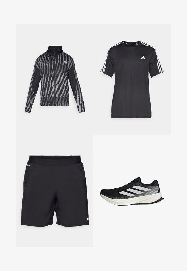 Lightweight black jacket featuring a geometric white pattern. Includes a high collar, full zip front, and long sleeves.; Black short-sleeve t-shirt with white three-stripe design on shoulders and logo on the chest. Made from breathable fabric, smooth texture.; Black athletic shorts made of lightweight fabric, featuring two side pockets, an elastic waistband, and a small logo detail on the bottom hem.; Black athletic shoe with a mesh design, featuring white stripes, a rounded toe, and a textured sole for grip and support.