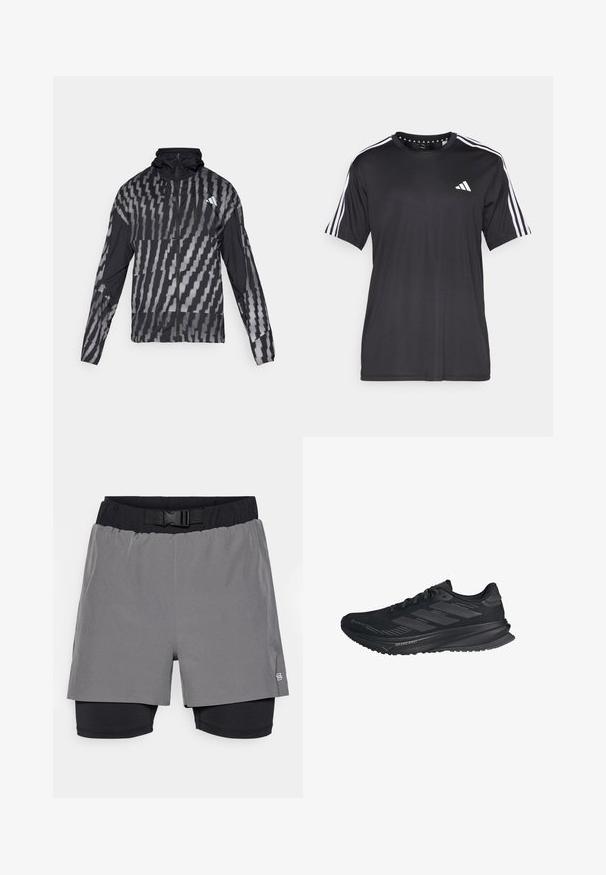Könnyű fekete dzseki, geometrikus fehér mintával. Magas gallérral, teljes cipzárral és hosszú ujjal rendelkezik.; Fekete, rövid ujjú póló, fehér háromcsíkos mintával a vállakon és logóval a mellkasán. Lélegző anyagból készült, sima tapintású.; Szürke külső nadrág fekete belső béléssel, elasztikus derekkal és csattal. Sima textúrájú, térd fölé érő fazon, logó részlettel.; Fekete Adidas futócipő Gore-Tex felsőrésszel, három csíkkal az oldalon és "Dreamstrike" felirattal a talpon, külső oldalról nézve.