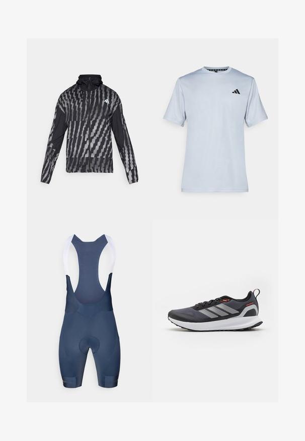 Lett svart jakke med et geometrisk hvitt mønster. Har høy krage, hel glidelås foran og lange ermer.; adidas Performance T-skjorte til trening - halo silver-coloured/black; Mørkeblå sykkelbibs med hvite stropper, med polstret sete, glatt tekstur og ingen synlige mønstre eller hardwaredetaljer.; Løpesko i svart med grå detaljer. Har en teksturert overdel, solid såle og reflekterende striper. Lett design med polstret mellomsåle.