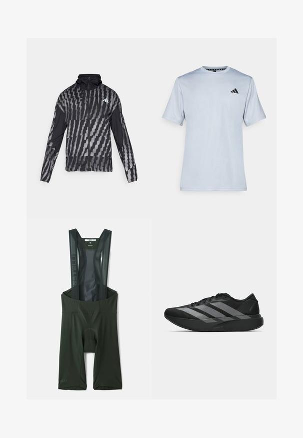Casaco preto leve com um padrão geométrico branco. Inclui colarinho alto, fecho éclair frontal completo e mangas longas.; adidas Performance T-shirt desportiva - halo silver-coloured/black; Bermudas de ciclismo em verde-escuro com alças em malha, área de assento acolchoada e detalhes refletivos. Tecido liso e elástico para conforto.; Sapatilhas desportivas pretas com um design leve, apresentando três faixas cinzas proeminentes, uma textura suave e uma sola contornada.