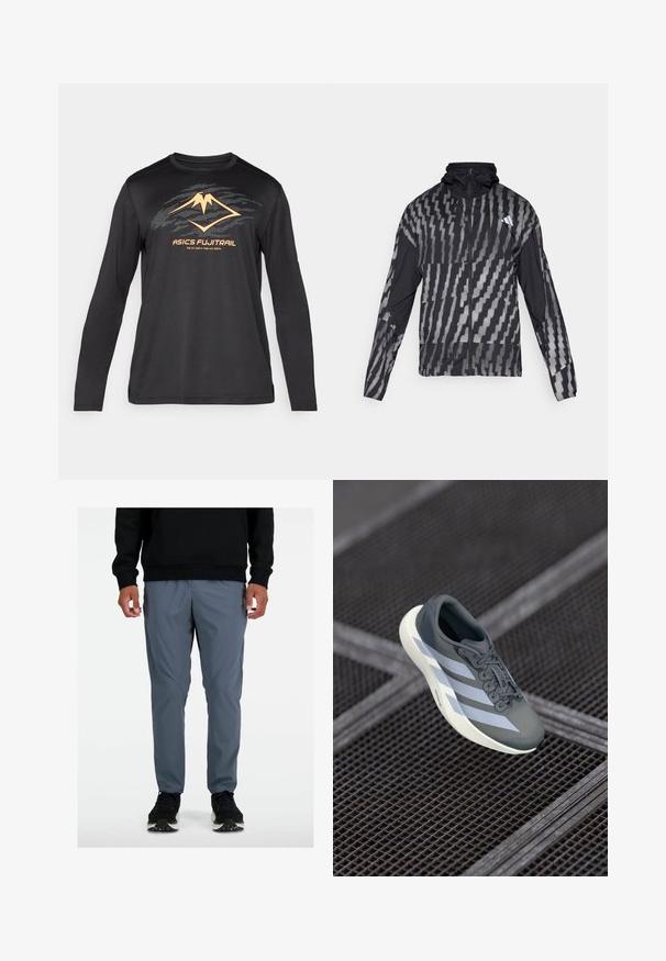 Viegls melns jaka ar ģeometrisku baltu rakstu. Iekļauj augstu apkakli, pilnu rāvējslēdzēju priekšpusi un garas piedurknes.; ASICS FUJITRAIL LOGO TOP - Tops ar garām piedurknēm - performance black; Pelēki sporta bikses ar sašaurinātu piegriezumu, izgatavotas no viegla materiāla, ar sānu šuvēm un valkātas ar melniem sporta apaviem.; Sporta apavi pelēkā un baltā krāsā, izgatavoti no sintētiska materiāla, ar plūstošu dizainu, teksturētu virsmu un izteiktu auklu sistēmu.