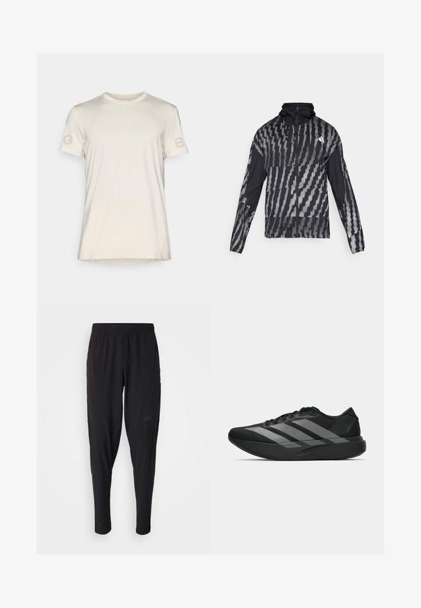 Lätt svart jacka med ett geometriskt vitt mönster. Har hög krage, full dragkedja framtill och långa ärmar.; Björn Borg T-shirt med print - birch; Svarta sportbyxor med elastisk midja, avsmalnande design, sidofickor och diskret logodetalj. Tillverkade av flexibelt, andningsbart tyg.; Svarta träningsskor med en lätt design, som har tre framträdande grå ränder, en slät yta och en formad sula.