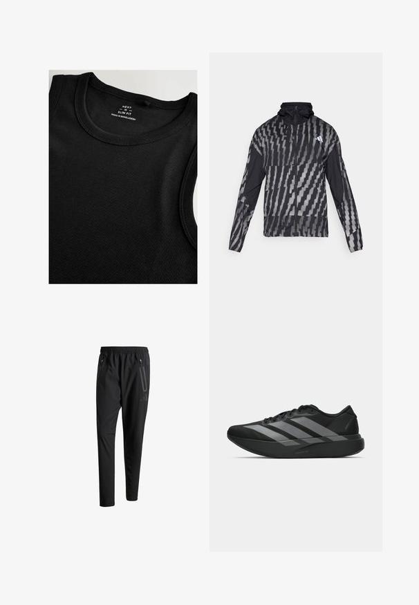 Viegls melns jaka ar ģeometrisku baltu rakstu. Iekļauj augstu apkakli, pilnu rāvējslēdzēju priekšpusi un garas piedurknes.; Melns bez piedurknēm topiņš, izgatavots no ribota auduma ar šauru piegriezumu. Tam ir apaļa kakla izgriezuma forma un gludi vīlumi, lai panāktu vienmērīgu apdari.; Melni sporta bikses ar elastīgu vidukli, divām kabatām ar rāvējslēdzējiem sānos, sašaurinātām kājām un diskrētu logo detaļu uz gurniem.; Melni sporta apavi ar vieglu dizainu, ar trim izteiksmīgiem pelēkiem svītrām, gludu virsmu un kontūrveida zoli.