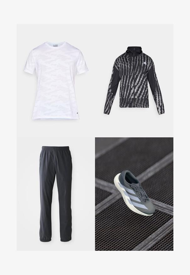 Lätt svart jacka med ett geometriskt vitt mönster. Har hög krage, full dragkedja framtill och långa ärmar.; Vit t-shirt med kort ärm som har ett subtilt tonalt kamouflage-mönster, rund halsringning, mjuk textur och en liten logga vid fållen.; Mörkgrå lätta herrbyxor med elastisk midja och vadderade anklar, framfickor med dragkedjor, liggande platt på en vit bakgrund.; Sportskor i grått och vitt, tillverkade av syntetmaterial, med en strömlinjeformad design, texturerad yta och framträdande snörningssystem.