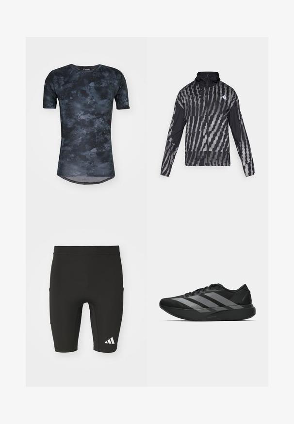 Lekka czarna kurtka z geometrycznym białym wzorem. Posiada wysoki kołnierz, pełny zamek z przodu i długie rękawy.; adidas Performance TECHFIT czarny; Czarne spodenki sportowe o dopasowanym kroju, wykonane z elastycznego materiału. Posiadają trzy kieszenie oraz białe logo Adidas na dolnej części nogawki.; Czarne buty sportowe o lekkiej konstrukcji, z trzema wyraźnymi szarymi paskami, gładką fakturą i wyprofilowaną podeszwą.