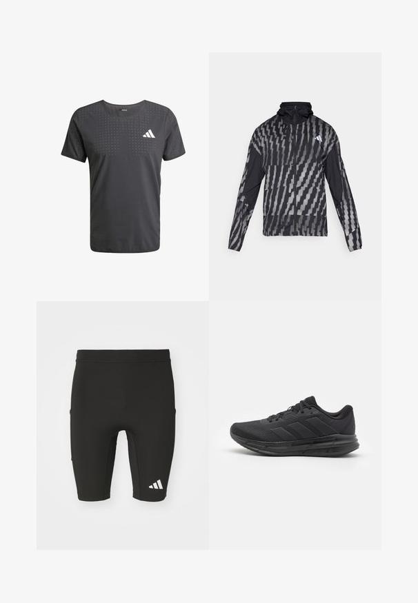 Casaco preto leve com um padrão geométrico branco. Inclui colarinho alto, fecho éclair frontal completo e mangas longas.; Camisa de desporto masculina preta com decote redondo, apresentando um design perfurado e um logótipo branco no lado esquerdo do peito. Feita de um tecido leve.; Bermudas atléticas pretas com um design ajustado, feitas de tecido elástico. Apresenta três bolsos e um logo branco da Adidas na parte inferior da perna.; Shoe atlético preto com parte superior em malha, sola de borracha, design texturizado e detalhe de três riscas na lateral. Almofadado em espuma para conforto.