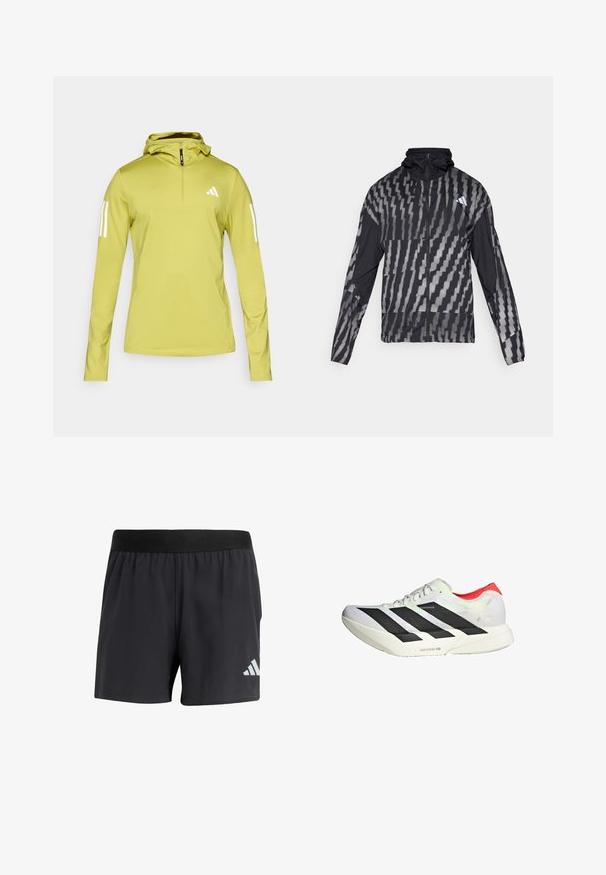 Lightweight black jacket featuring a geometric white pattern. Includes a high collar, full zip front, and long sleeves.; Light green long-sleeve hoodie with a half-zip, featuring white stripes on sleeves and a logo on the chest. Textured stretch fabric.; Black athletic shorts with an elastic waistband, featuring a smooth texture and a reflective white logo on the lower left side.; White athletic shoe with black diagonal stripes, red accents at the heel, and a textured upper; features LIGHTSTRIKE PRO cushioning.