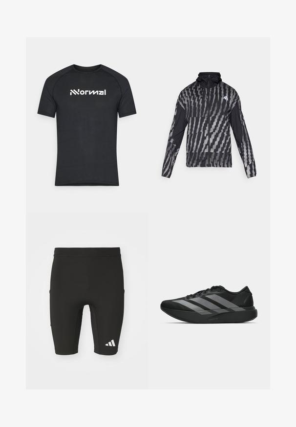 Chaqueta negra ligera con un patrón geométrico blanco. Incluye un alto cuello, cierre frontal completo y mangas largas.; Camiseta de manga corta negra hecha de tejido texturizado, con un logo blanco "Normal" en el pecho en una fuente moderna.; Pantalones cortos deportivos negros con un diseño ajustado, fabricados con tejido elástico. Presentan tres bolsillos y un logo blanco de Adidas en la parte inferior de la pierna.; Zapatillas deportivas negras con un diseño ligero, que presentan tres franjas grises prominentes, una textura suave y una suela contorneada.