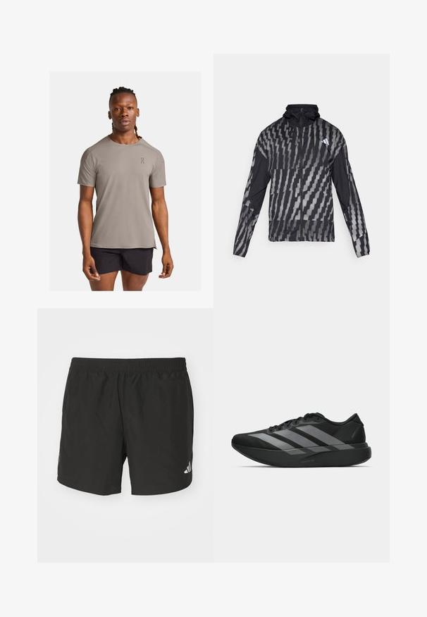 Lettet sort jakke med et geometrisk hvidt mønster. Inkluderer en høj krave, fuld lynlås fortil og lange ærmer.; Let armlang, kortærmet træningsskjorte i taupe med rund halsudskæring og subtil logodetalje. Indeholder et glat, åndbart stof.; Sorte atletiske shorts med elastisk talje, sideskår og reflekslogo detajler. Fremstillet af letvægts, glat stof.; Sorte atletiske sko med et let design, der har tre fremtrædende grå striber, en glat overflade og en formet sål.