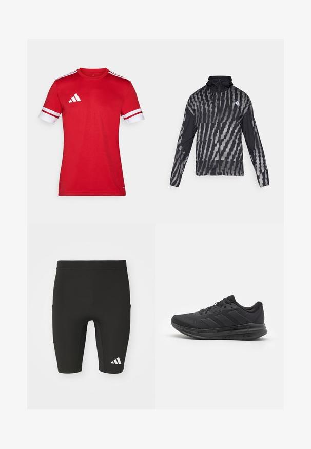 Lekka czarna kurtka z geometrycznym białym wzorem. Posiada wysoki kołnierz, pełny zamek z przodu i długie rękawy.; Czerwony sportowy t-shirt z krótkimi rękawami. Białe akcenty na rękawach i trzy białe paski na ramionach. Wykonany z gładkiego, lekkiego materiału.; Czarne spodenki sportowe o dopasowanym kroju, wykonane z elastycznego materiału. Posiadają trzy kieszenie oraz białe logo Adidas na dolnej części nogawki.; Czarne buty sportowe z siateczkową cholewką, gumową podeszwą, teksturowanym wzorem oraz trzema paskami po boku. Piankowa amortyzacja dla większego komfortu.