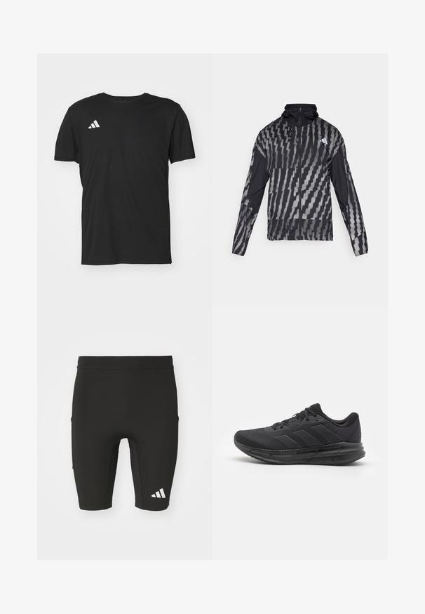 Kerge must jakk, millel on geomeetriline valge muster. Sisaldab kõrget kaelust, täispikkuse visiiri ning pikki varrukaid.; Must värvi sportlik t-särk, mis on valmistatud kergest kangast, lühikeste varrukatega ja ümmarguse kaelusega. Ülemisel vasakul küljel on valge Adidas'i logo.; Mustad mustrid spordiligid, mis on vooderdatud ja valmistatud venivast kangast. Omab kolme taskut ja valget Adidas logo alumises sääres.; Must have spordijalanõud, millel on võrgust ülemine osa, kummist tald, tekstuuriga disain ja kolm triipu külgedel. Vahtpolsterdus mugavuse tagamiseks.