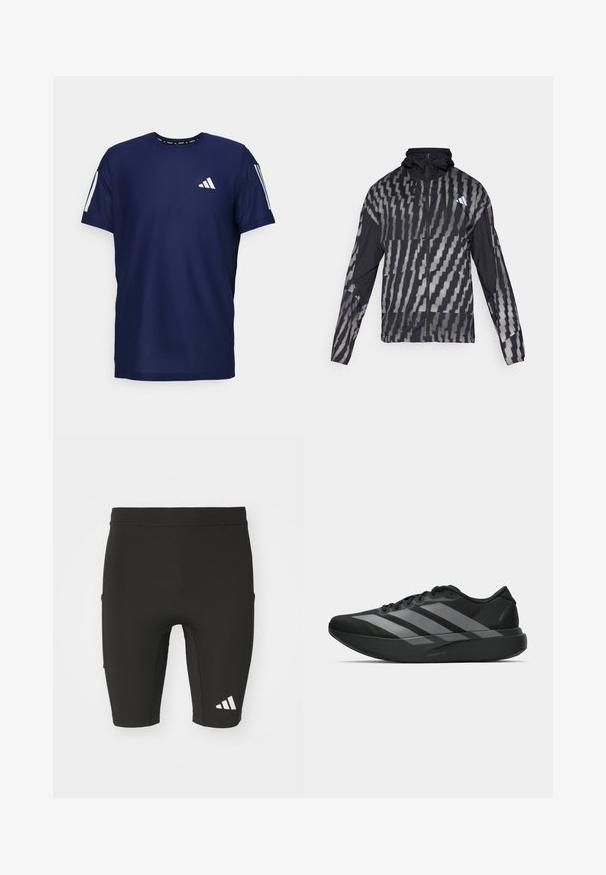 Jachetă neagră ușoară cu un model geometric alb. Include un guler înalt, fermoar pe toată lungimea din față și mâneci lungi.; Tricou sportiv bleu marin, realizat dintr-un material respirabil, cu mâneci scurte, guler rotund și un logo alb pe partea stângă a pieptului și pe mâneci.; Șorturi atletice negre cu un design ajustat, realizate din material elastic. Au trei buzunare și un logo Adidas alb pe piciorul inferior.; Pantofi sport negri cu un design ușor, prezentând trei dungi gri proeminente, o textură netedă și o talpă conturată.