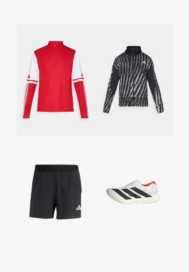 Leichte schwarze Jacke mit einem geometrischen weißen Muster. Enthält einen hohen Kragen, einen durchgehenden Reißverschluss und lange Ärmel.; Rotes Sport-Shirt mit langen Ärmeln und einem Viertel-Zip-Kragen, weißen Ärmeln, drei weißen Streifen an den Schultern und dem Adidas-Logo auf den Ämeln.; Schwarze Sportshorts mit elastischem Bund, die eine glatte Textur aufweisen und ein reflektierendes weißes Logo auf der unteren linken Seite haben.; Weißer Sportschuh mit schwarzen diagonalen Streifen, roten Akzenten an der Ferse und einer strukturierten Oberfläche; ausgestattet mit LIGHTSTRIKE PRO Dämpfung.