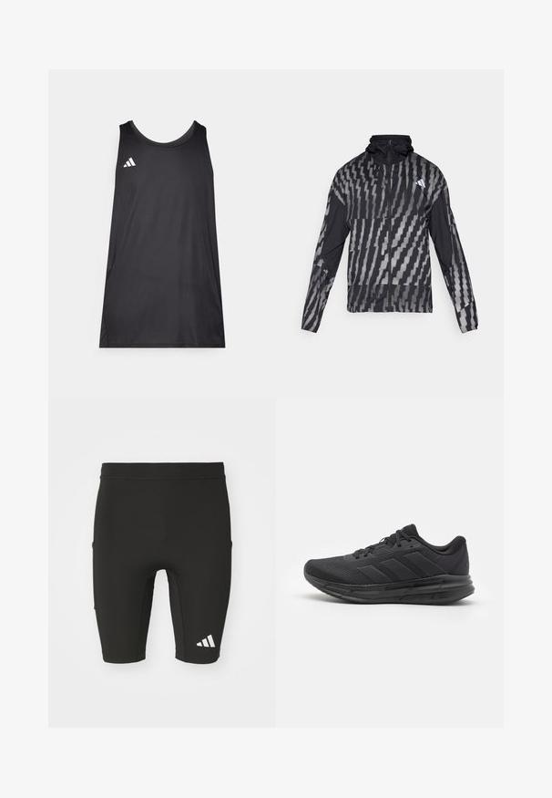 Leichte schwarze Jacke mit einem geometrischen weißen Muster. Enthält einen hohen Kragen, einen durchgehenden Reißverschluss und lange Ärmel.; Schwarzes ärmelloses Sport-Top aus leichtem Stoff. Verfügt über einen runden Halsausschnitt und ein weißes Adidas-Logo auf der linken Brust.; Schwarze Sportshorts mit figurbetontem Design, aus dehnbarem Stoff gefertigt. Verfügt über drei Taschen und ein weißes Adidas-Logo an der Unterschenkelseite.; Schwarzer Sportschuh mit einem Obermaterial aus Mesh, Gummisohle, strukturiertem Design und drei Streifen an der Seite. Schaumstoffpolsterung für Komfort.