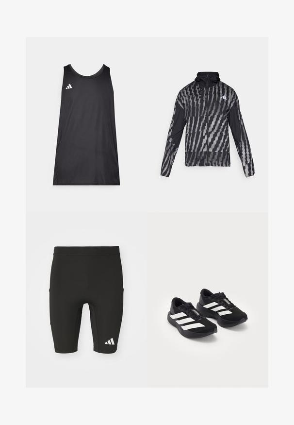 Leichte schwarze Jacke mit einem geometrischen weißen Muster. Enthält einen hohen Kragen, einen durchgehenden Reißverschluss und lange Ärmel.; Schwarzes ärmelloses Sport-Top aus leichtem Stoff. Verfügt über einen runden Halsausschnitt und ein weißes Adidas-Logo auf der linken Brust.; Schwarze Sportshorts mit figurbetontem Design, aus dehnbarem Stoff gefertigt. Verfügt über drei Taschen und ein weißes Adidas-Logo an der Unterschenkelseite.; Ein Paar schwarze Adidas Adizero Laufschuhe mit weißen Streifen und Schnürsenkeln auf weißem Hintergrund, nebeneinander positioniert.
