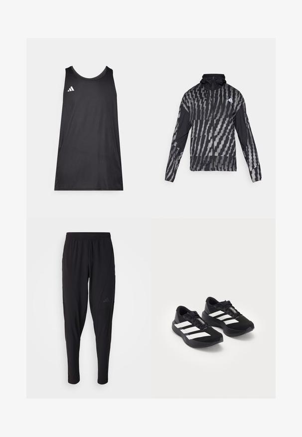 Leichte schwarze Jacke mit einem geometrischen weißen Muster. Enthält einen hohen Kragen, einen durchgehenden Reißverschluss und lange Ärmel.; Schwarzes ärmelloses Sport-Top aus leichtem Stoff. Verfügt über einen runden Halsausschnitt und ein weißes Adidas-Logo auf der linken Brust.; Schwarze Sporthosen mit elastischem Bund, tailliertem Design, Seitentaschen und dezenten Logo-Details. Hergestellt aus flexiblem, atmungsaktivem Material.; Ein Paar schwarze Adidas Adizero Laufschuhe mit weißen Streifen und Schnürsenkeln auf weißem Hintergrund, nebeneinander positioniert.