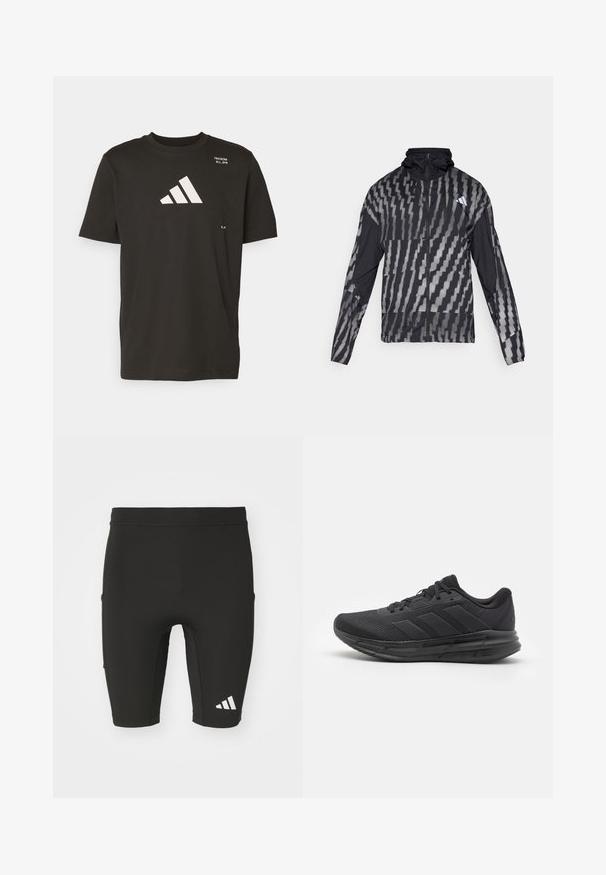 Lett svart jakke med et geometrisk hvitt mønster. Har høy krage, hel glidelås foran og lange ermer.; adidas Performance ALL GYM CATEGORY GRAPHIC - T-shirts med print - black; Sorte treningshorts med en tettsittende design, laget av elastisk stoff. Har tre lommer og en hvit Adidas-logo på nederste del av benet.; Svart idrettssko med mesh-overdel, gummisåle, teksturert design og tre striper på siden. Skummende polstring for komfort.
