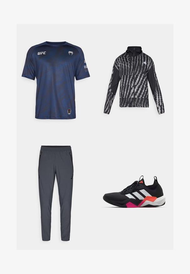 Chaqueta negra ligera con un patrón geométrico blanco. Incluye un alto cuello, cierre frontal completo y mangas largas.; Camiseta deportiva de color azul marino con mangas cortas, patrón texturizado y logo de UFC en el pecho. Elaborada con tela ligera que absorbe la humedad.; Pantalones deportivos grises con una cinturilla elástica, bolsillos laterales con cremallera y un detalle de logo en el muslo izquierdo. Fabricados con tejido ligero.; Zapatilla deportiva negra con rayas blancas, parte superior texturizada y suela gruesa con acentos en naranja, rosa y blanco. Diseño con cordones y tirador.