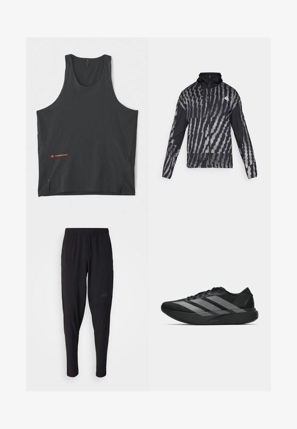Lightweight black jacket featuring a geometric white pattern. Includes a high collar, full zip front, and long sleeves.; adidas Performance 365 HERMANOS KOUMORI SINGLET - Top - black; Black athletic pants with an elastic waistband, tapered design, side pockets, and subtle logo detail. Made from flexible, breathable fabric.; Black athletic shoes with a lightweight design, featuring three prominent gray stripes, a smooth texture, and a contoured sole.