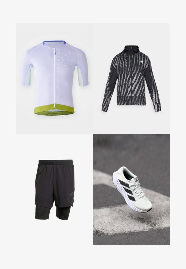 Lengvas juodas švarkas su geometriniu baltu raštu. Su aukšta apykakle, pilnu užtrauktuku ir ilgomis rankovėmis.; Pilkšvai violetinis dviratininko marškinėliai su trumpomis rankovėmis, tekstūruota tinklinė medžiaga, pilnas užtrauktukas ir žalias apatinis kraštas su juodu prekės ženklo logotipu.; Juodos sportinės šortai su integruota vidine dalimi, pagaminti iš kvėpuojančios medžiagos. Apsaugotas logotipas ir struktūrizuota tekstūra. Reguliuojamas juosmuo.; Balti sportiniai batai su tekstūruota tinkleliu viršuje, juodomis juostelėmis, su raištelių uždarymu ir paminkštintu padu, kabo virš pažymėtos kelio dangos.
