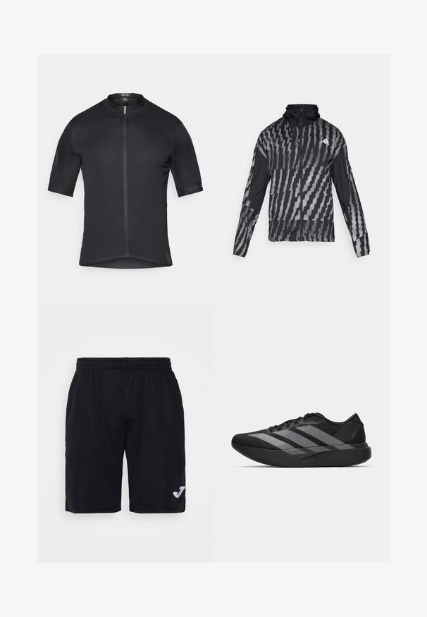 Viegls melns jaka ar ģeometrisku baltu rakstu. Iekļauj augstu apkakli, pilnu rāvējslēdzēju priekšpusi un garas piedurknes.; Vīriešu velosipēda krekls, īsām piedurknēm, melnā krāsā, viegla auduma, teksturētiem pleciem, ar priekšējo rāvējslēdzēju, pieguļošs dizains, plakaniem šuvēm, ar smalku zīmola apzīmējumu.; Melnas sporta šortas, izgatavotas no viegla auduma. Elastīga jostasvieta. Satur izšūtu logotipu apakšējā labajā pusē.; Melni sporta apavi ar vieglu dizainu, ar trim izteiksmīgiem pelēkiem svītrām, gludu virsmu un kontūrveida zoli.