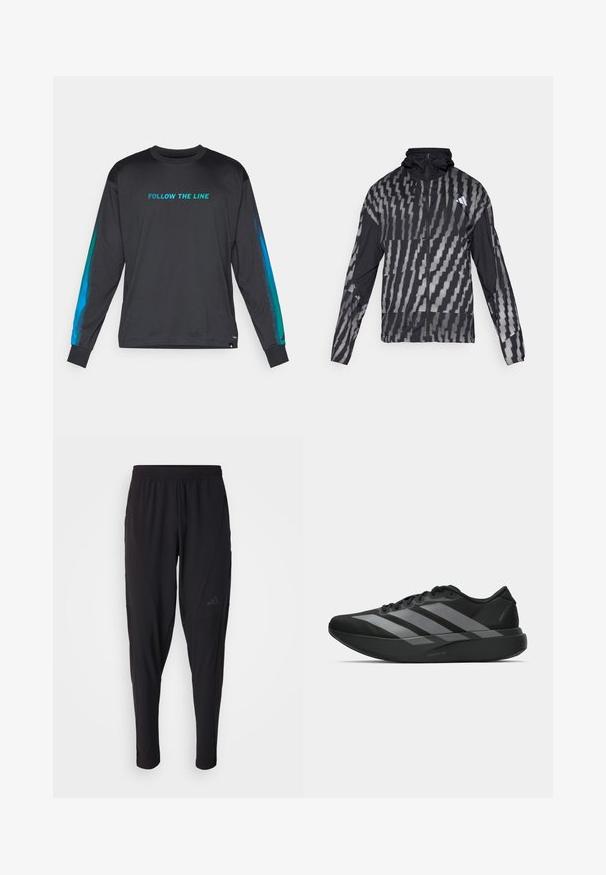 Giacca nera leggera con un motivo geometrico bianco. Include un colletto alto, zip frontale completa e maniche lunghe.; Maglietta nera a maniche lunghe con la scritta "SEGUI LA LINEA" in turchese. Presenta dettagli in gradiente blu sulle maniche e un design con scollatura a girocollo.; Pantaloni sportivi neri con vita elastica, design affusolato, tasche laterali e dettagli logo discreti. Realizzati in tessuto flessibile e traspirante.; Scarpe sportive nere con un design leggero, caratterizzate da tre strisce grigie prominenti, una superficie liscia e una suola sagomata.